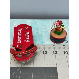 Vintage Merry Christmas Sled & Jack in the Box Drum‎ Ornaments Set